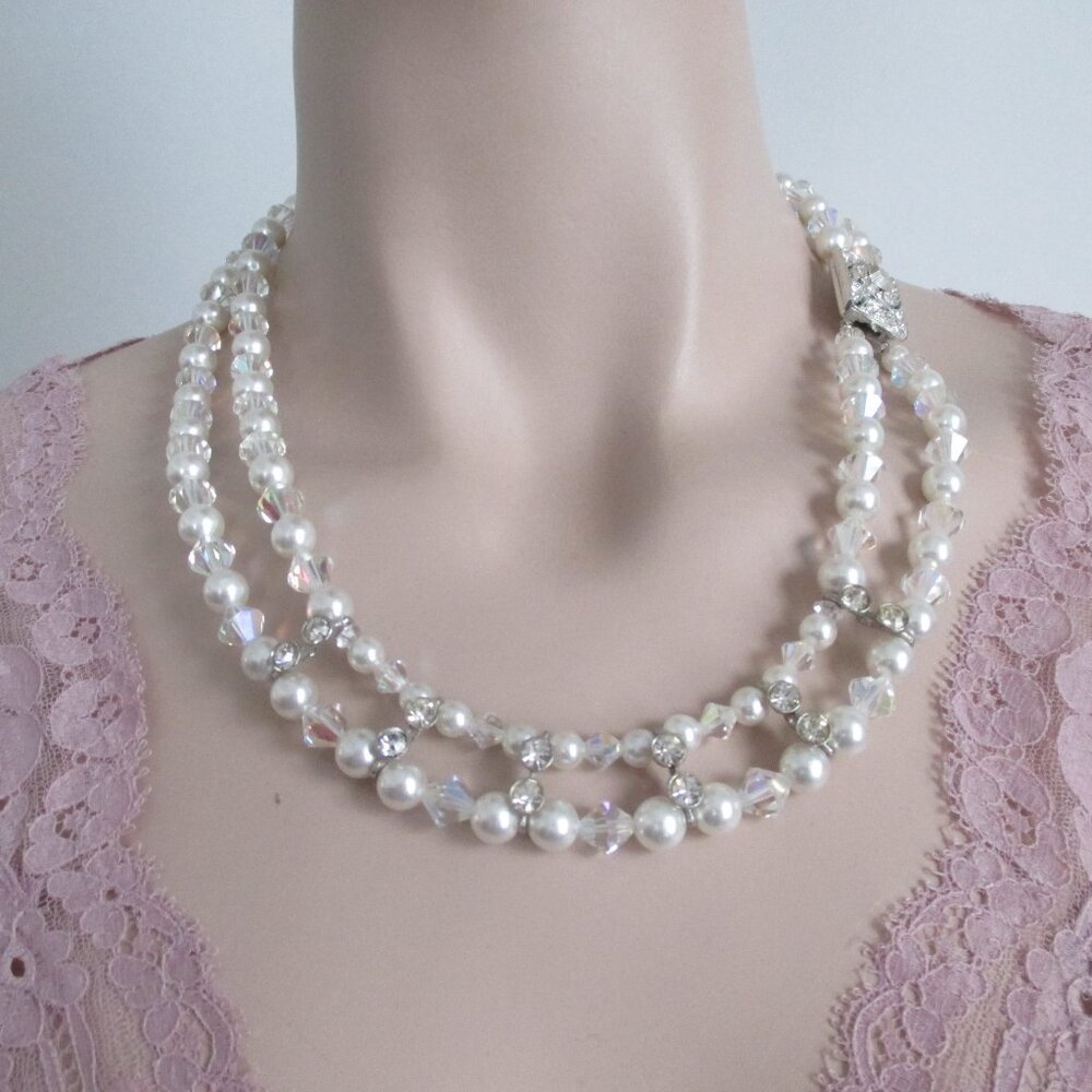 Vintage 2 Strand Necklace Pearl Beads Crystals Rhinestone Clasp on the Side